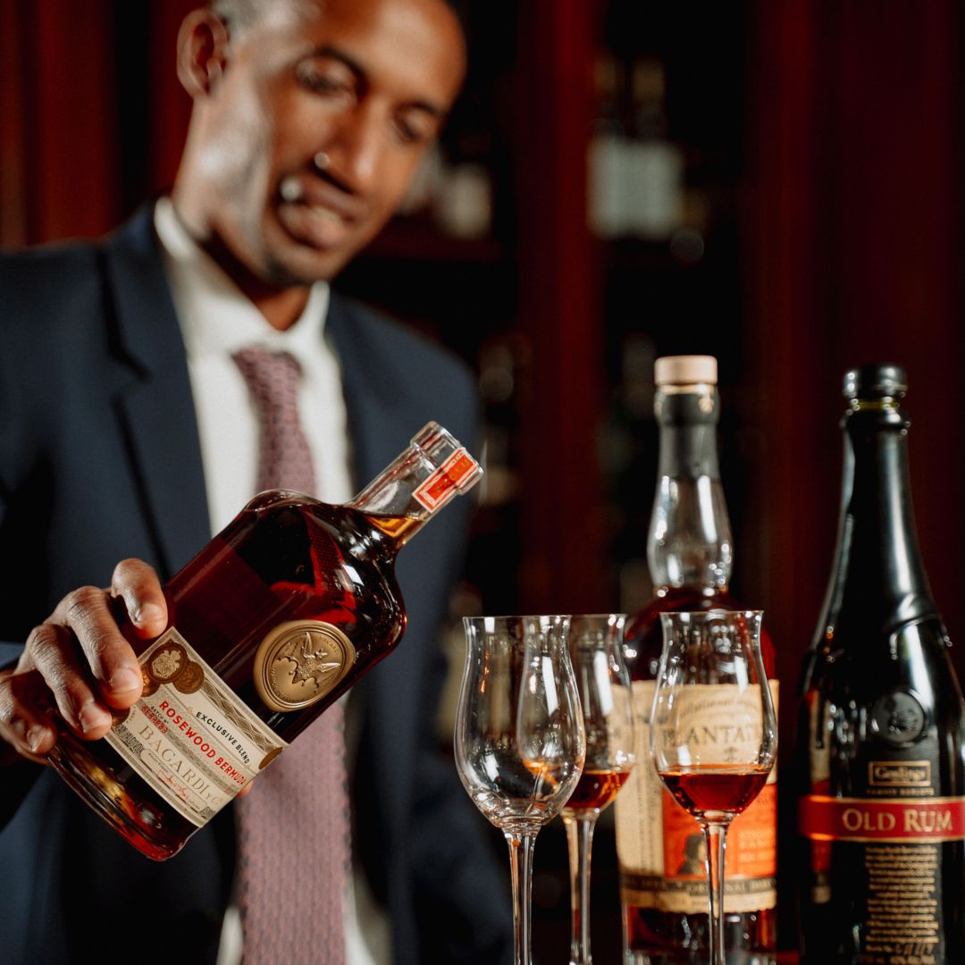 Bartender preparing Rum tasting flight with Bermuda Bacardi blended rum