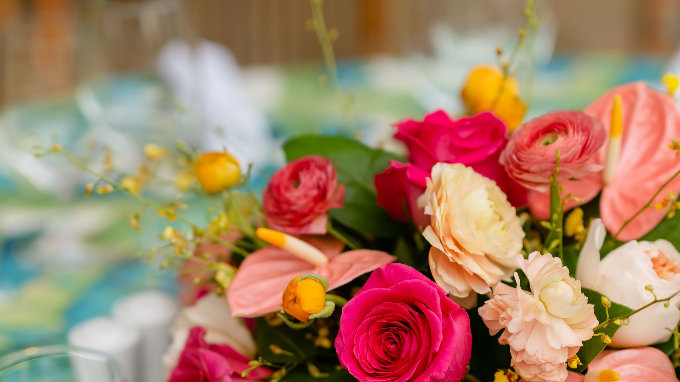 Flowers on table for wedding reception setup