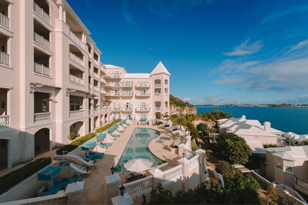 Aerial view of the Castle Harbour pool at Rosewood Bermuda. 