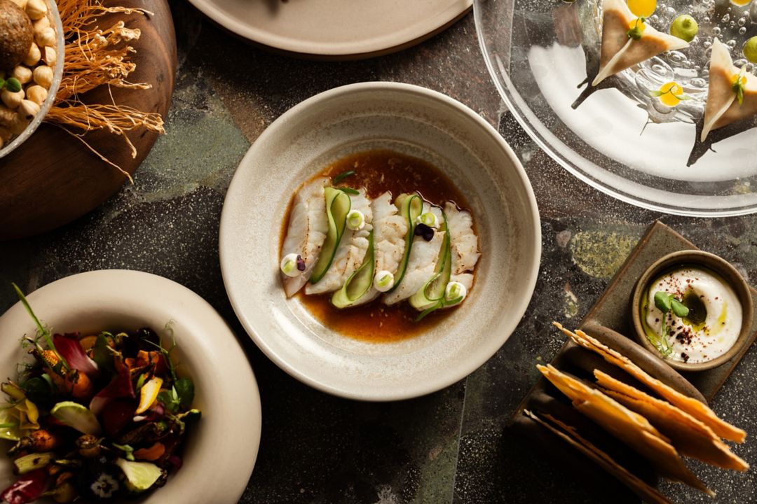 Two plates of traditional dishes at a Doha restaurant, set against a dark background.