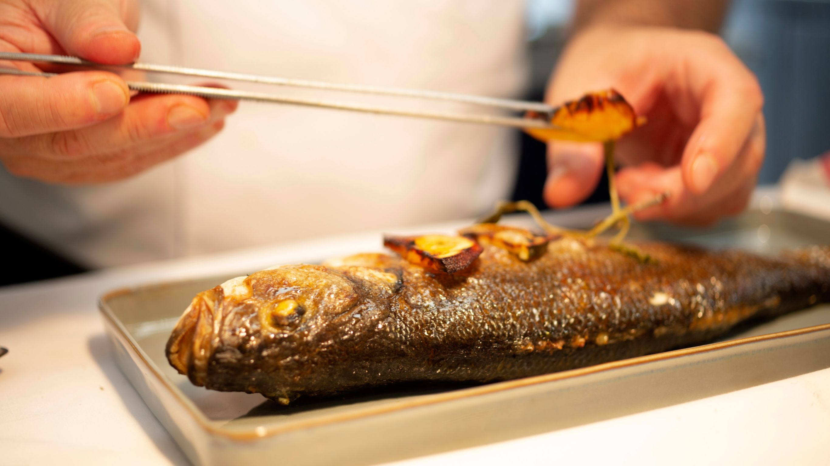 A close-up of a grilled fish being garnished  with fresh vegetables by a chef.