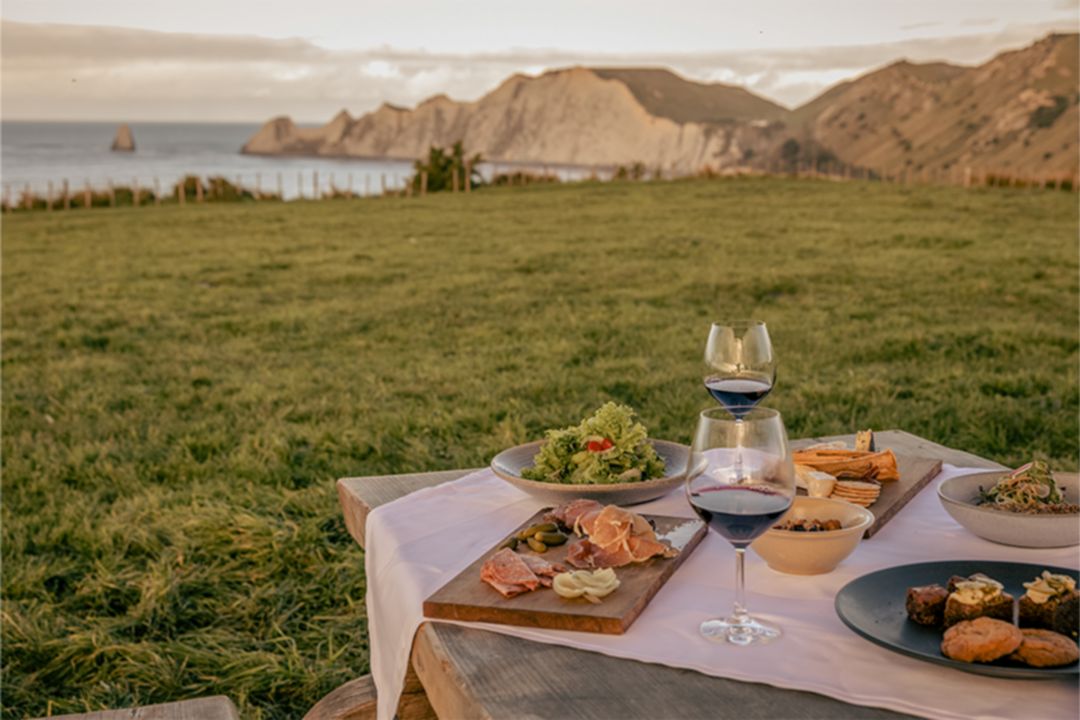 A scenic outdoor setting with a table of food and wine, overlooking the water.