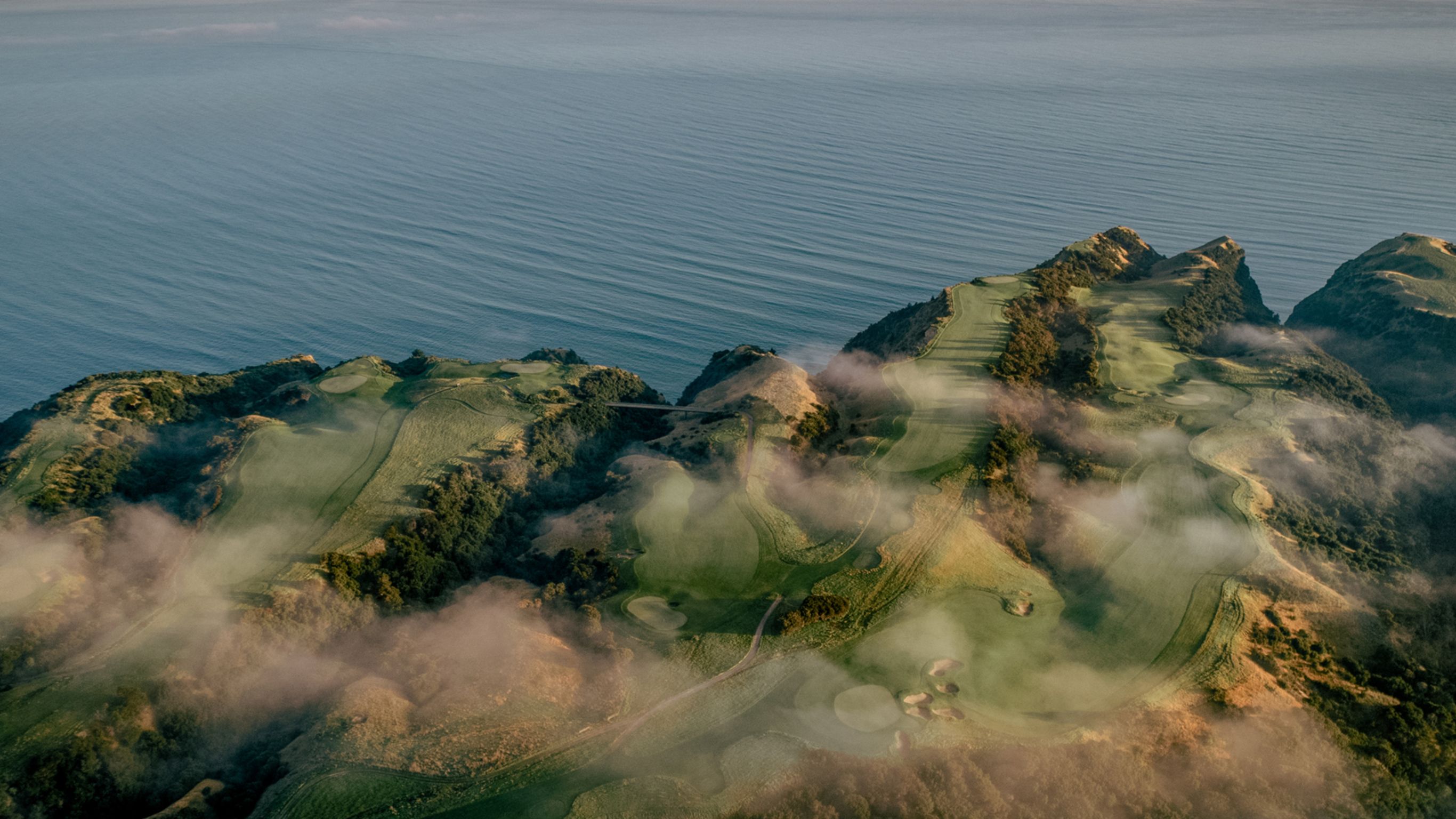 Birds eye view of the ridge and valley landscape of Cape Kidnappers Golf Course
