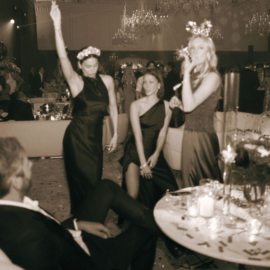 Party scene, formal attire, black and white image
