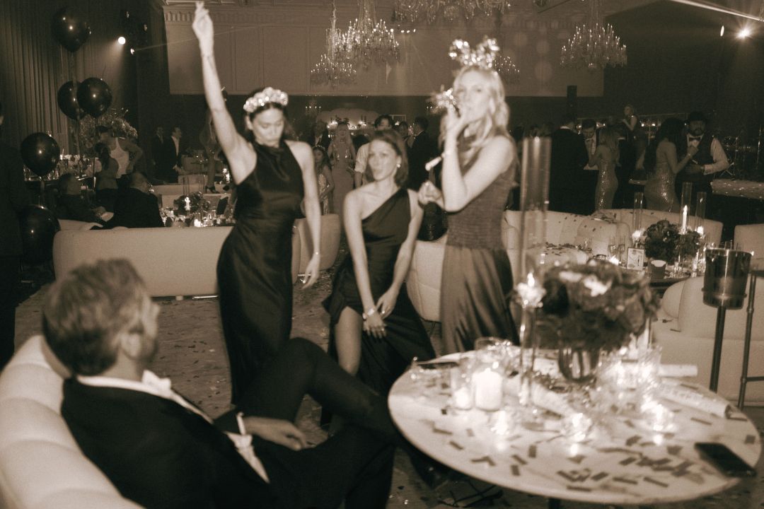 Party scene, formal attire, black and white image