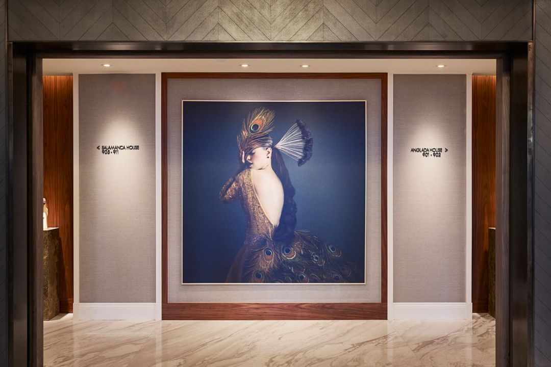 Elegant hallway with a large framed artwork of a woman in a peacock-themed dress
