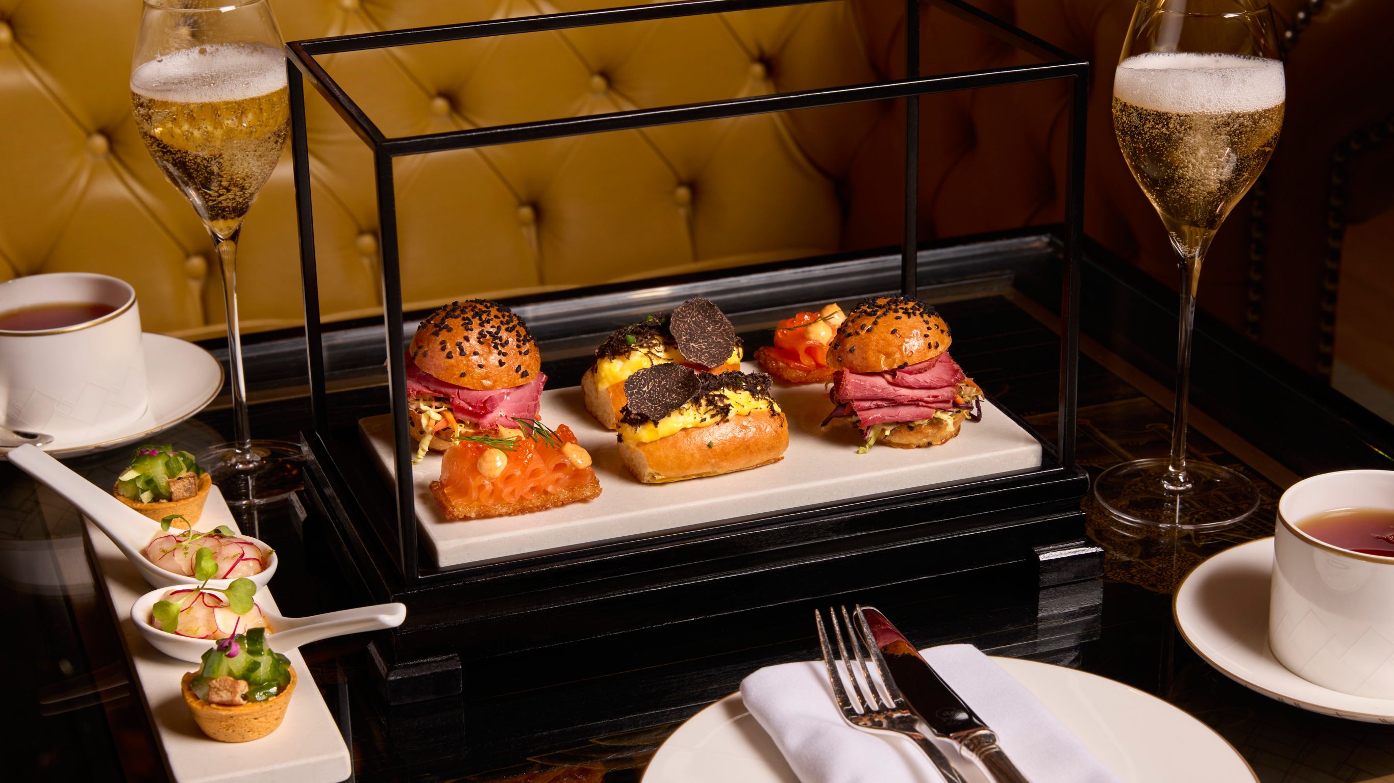 Elegant selection of Japanese style sandwiches of the Hokusai-inspired Art Afternoon Tea, highlighting fresh and flavorful fillings.