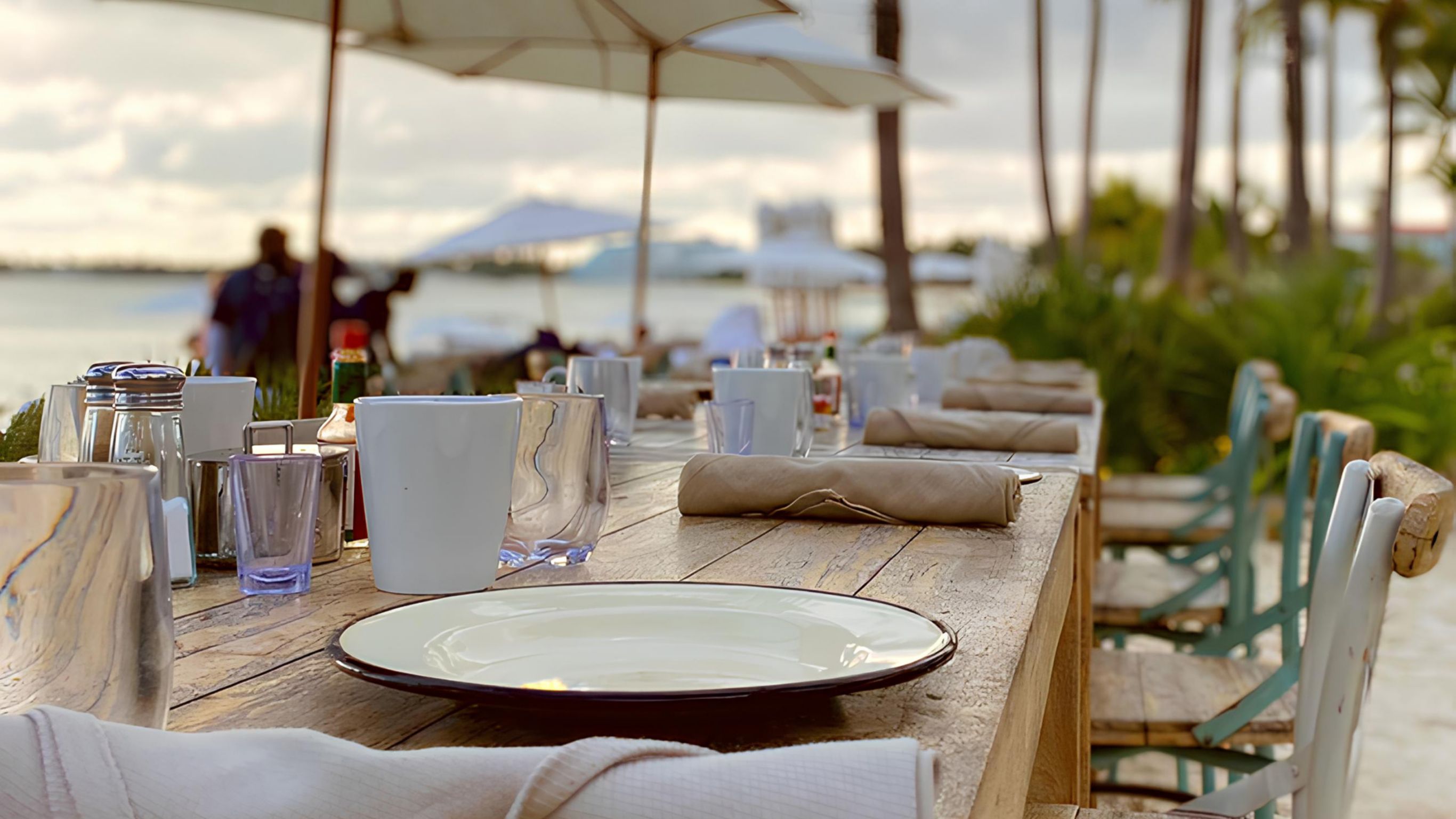 A dining table set with plates, cups, and utensils, overlooking a beach with palm trees and the ocean.