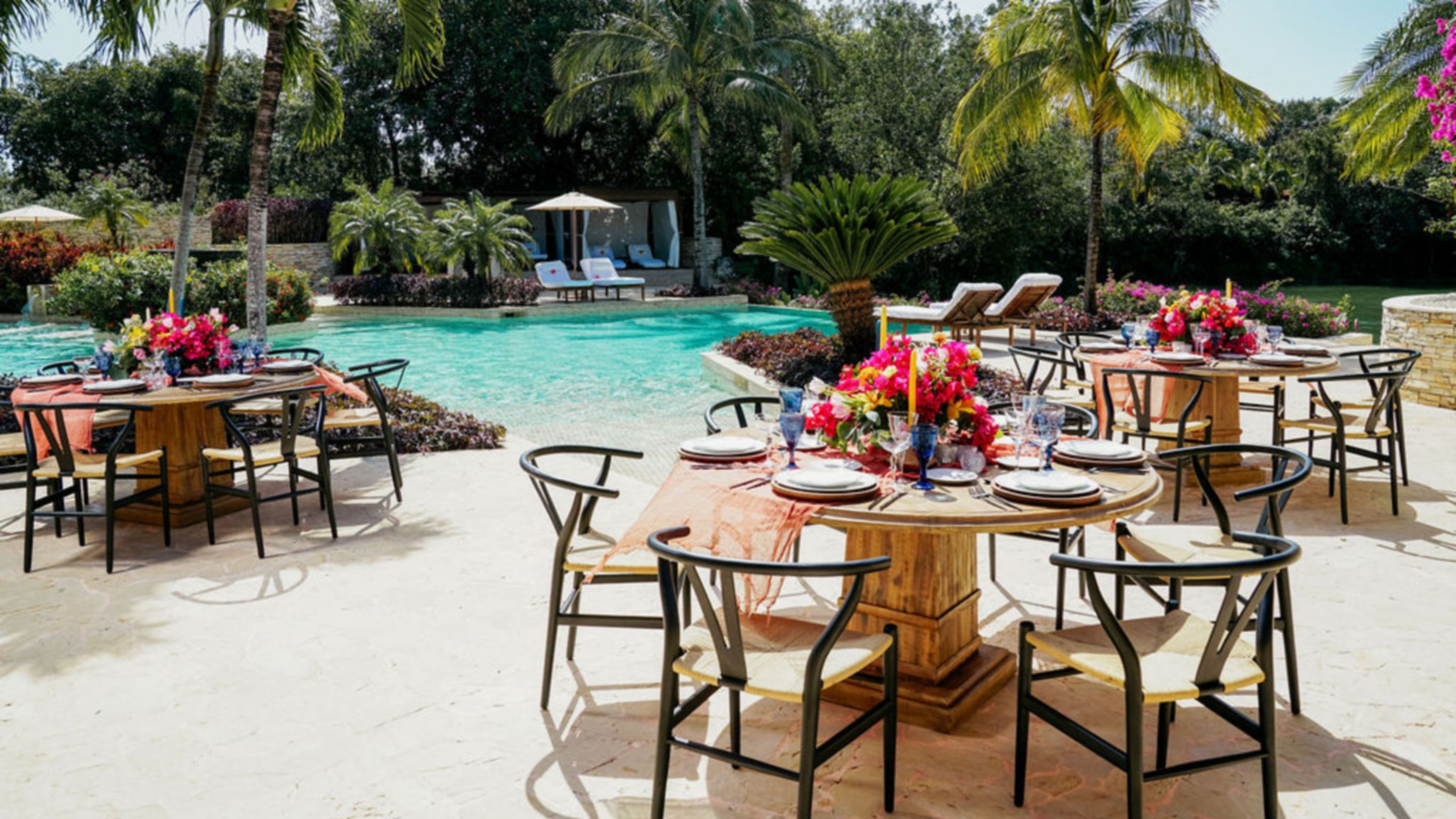 Private Reception with round tables at Casa del Lago Pool Deck