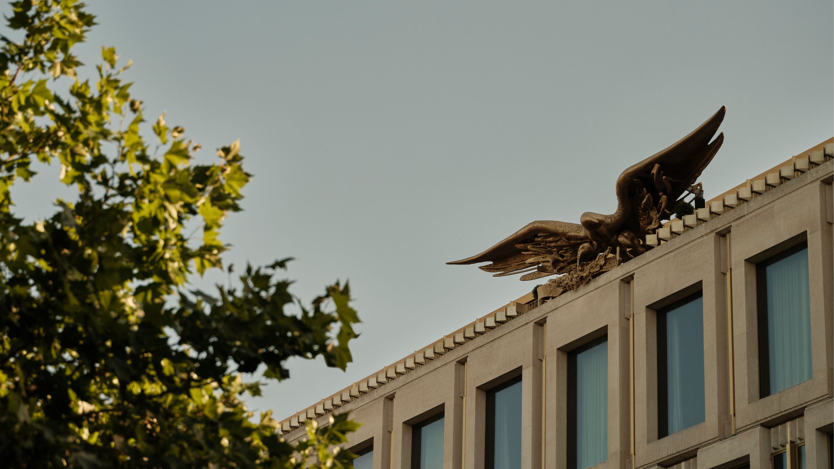 Exterior view of front roofline with iconic eagle