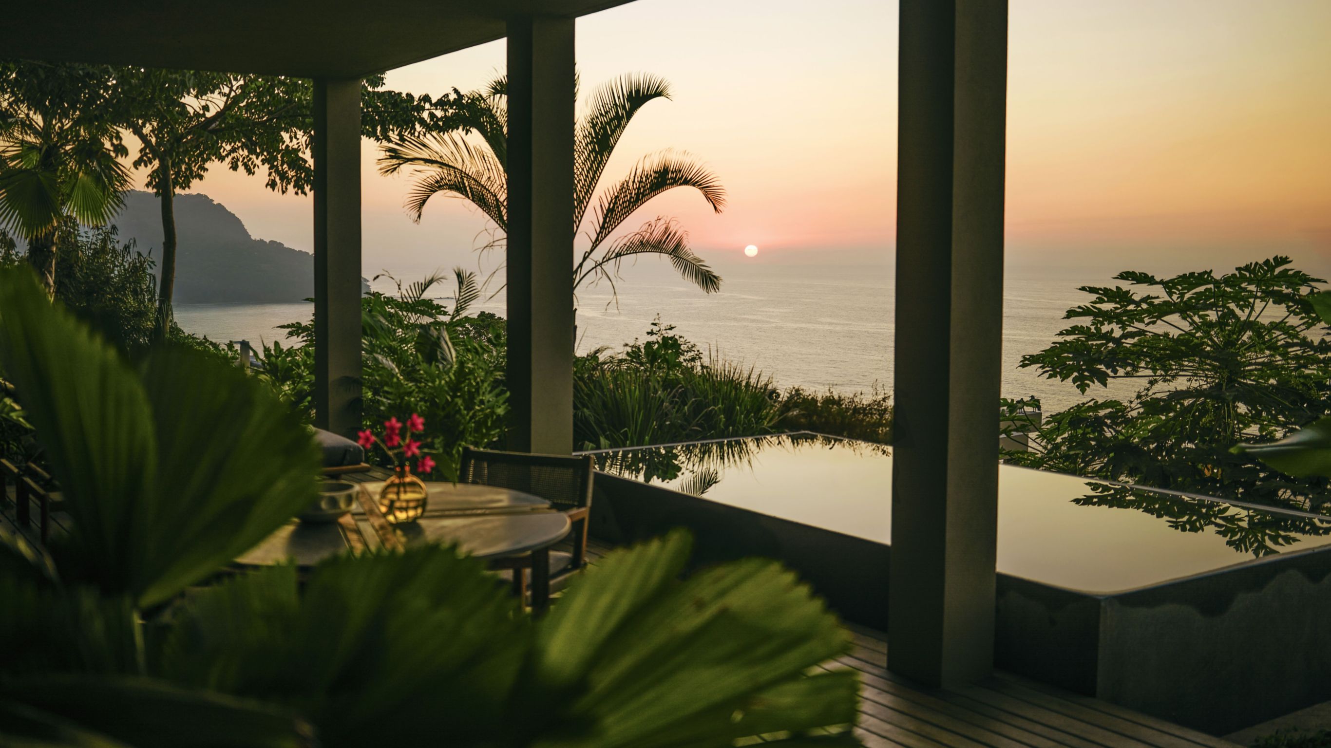 Pool and sunset view from Mountain Studio Suite Terrace