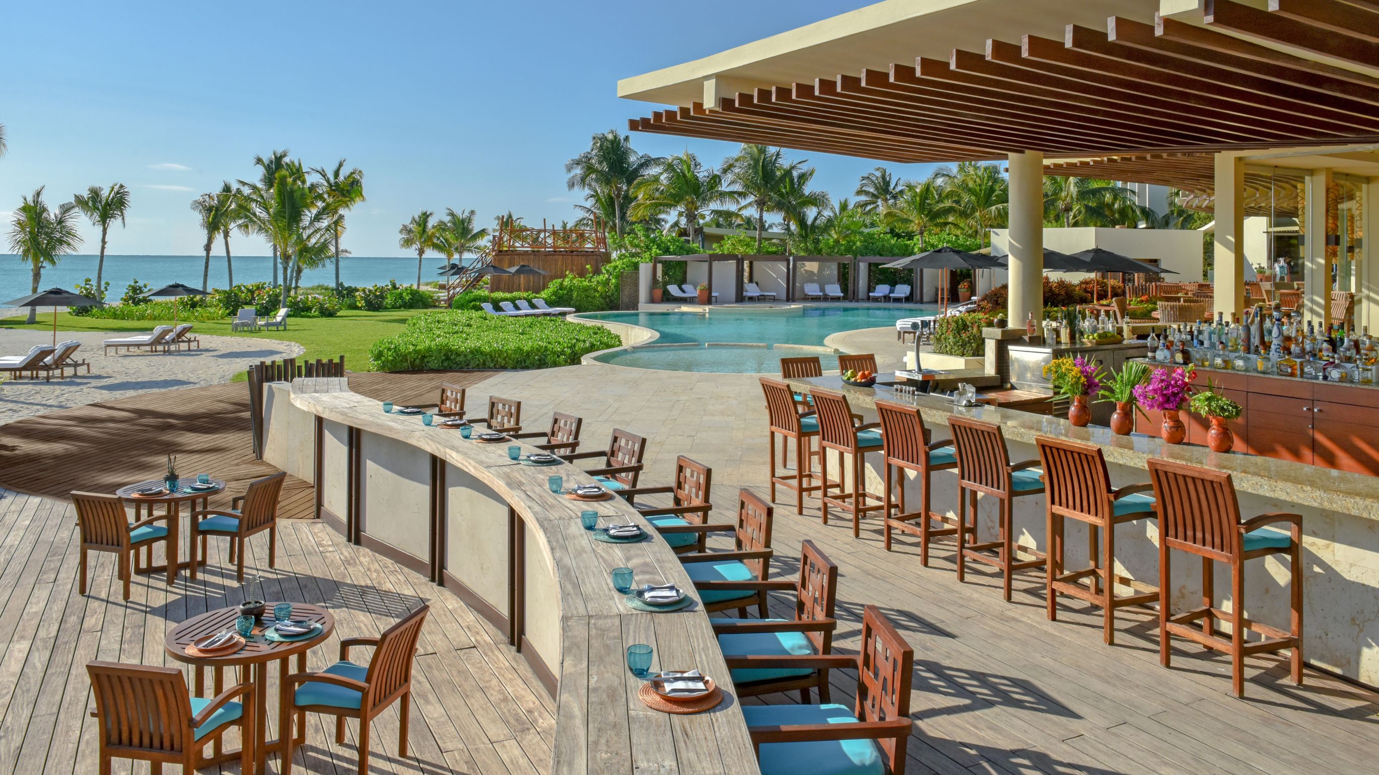 Punta Bonita Bar and terrace dining overlooking Punta Bonita Pool the Caribbean sea