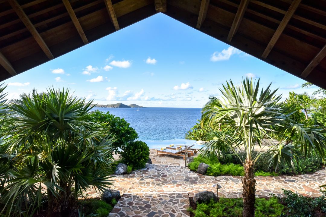 A stone pathway lined with palm trees leading  to a beach.