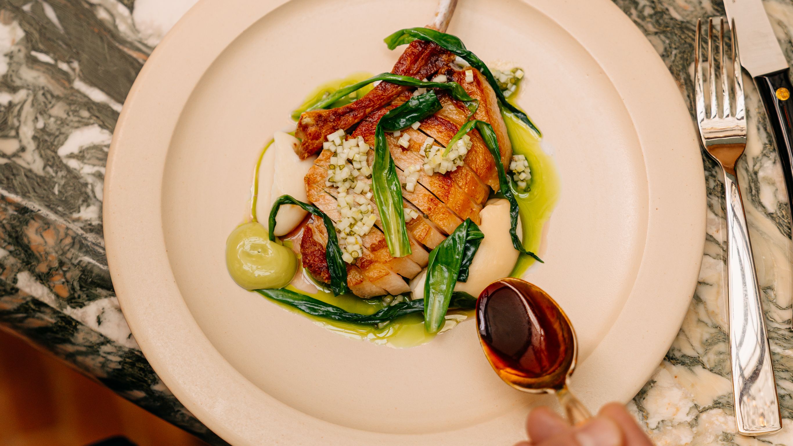 Plate with sliced meat, green vegetables, and a sauce drizzled on top, accompanied by a spoon with dark sauce.