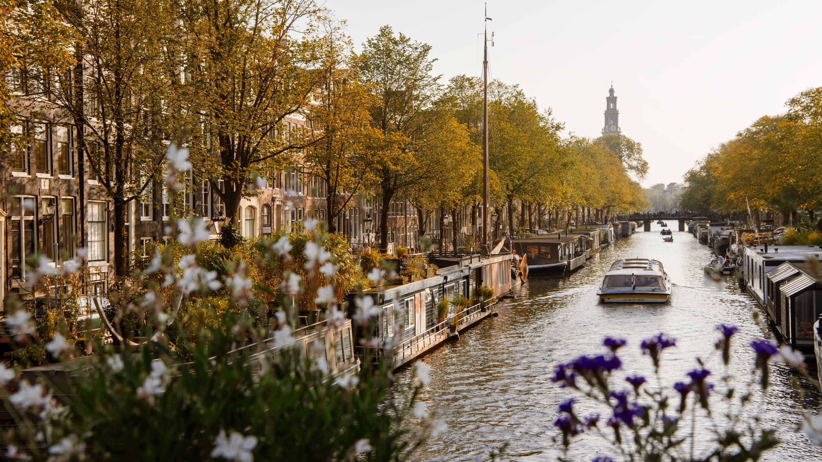 A bridge over a canal in Amsterdam, adorned with flowers along the railing, as people ride bikes across it under the morning sun.