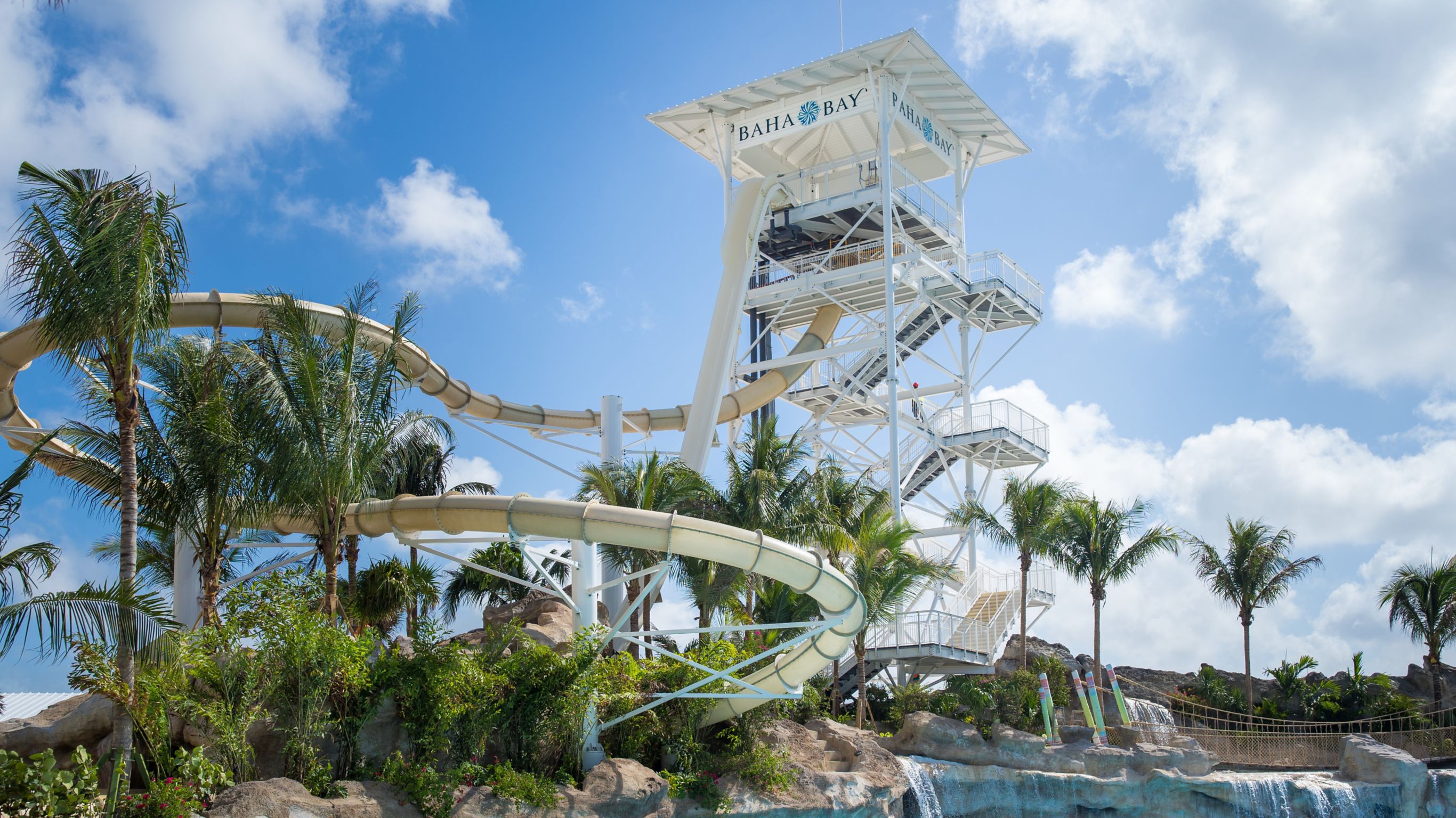 view of thunderball slide above lagoon pool