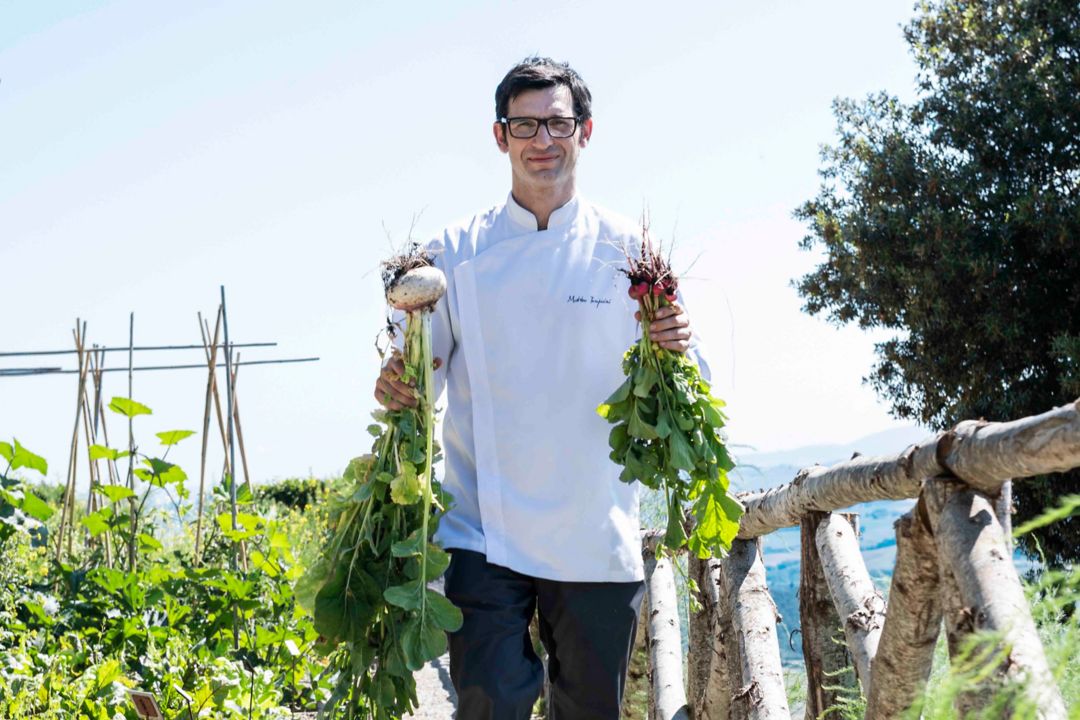 A dish featuring fresh vegetables, herbs, and  truffle shavings on a plate