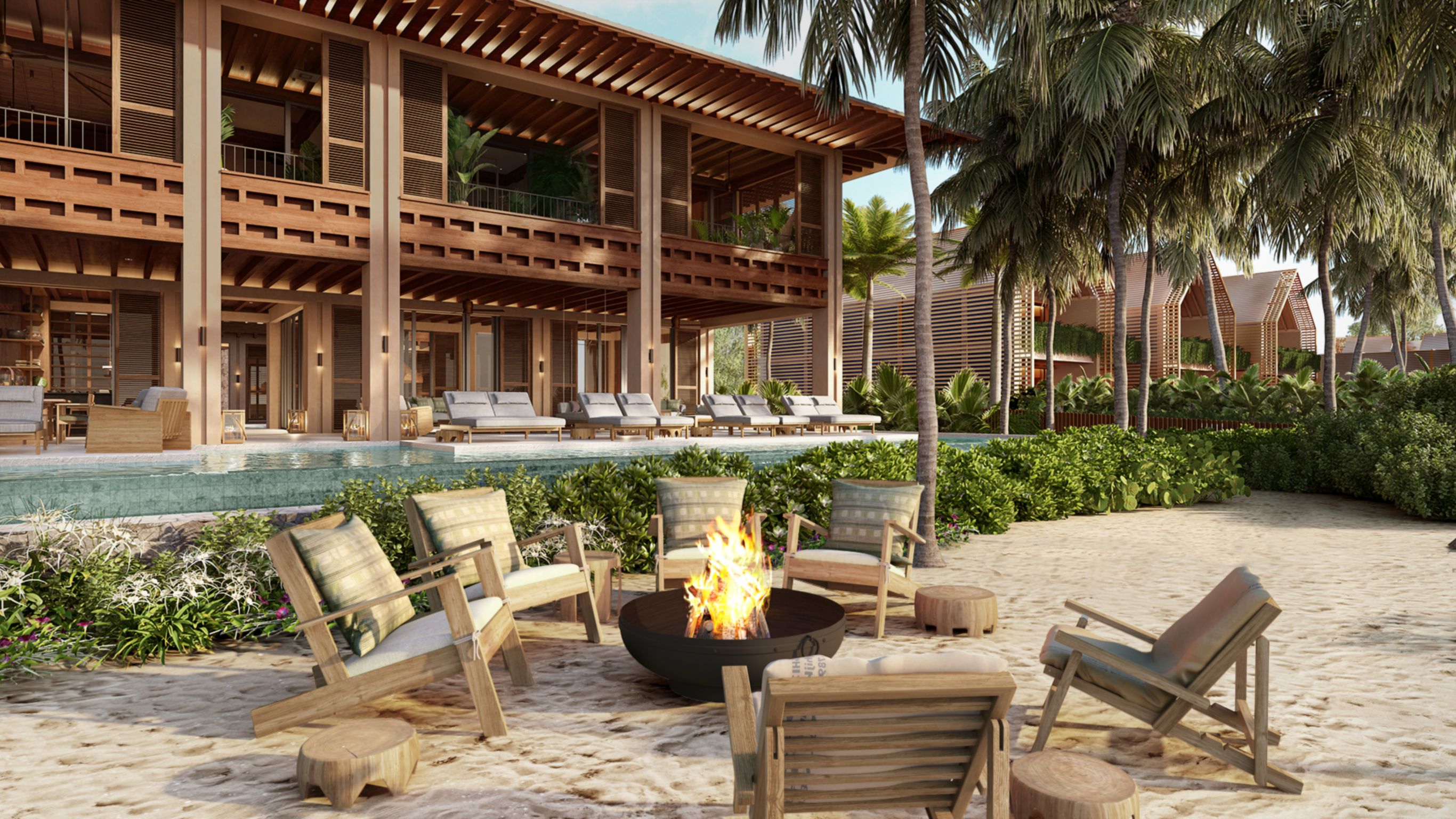 Beachfront Villa_Rendering_beachfront lounge area on the sand with fire pit and chairs