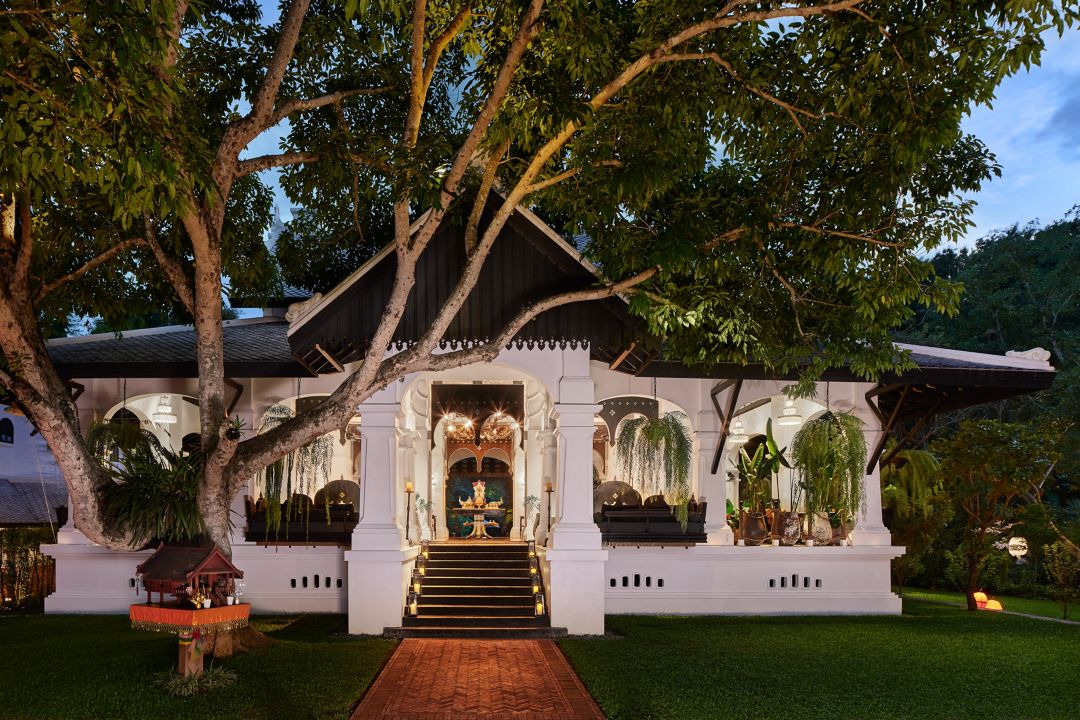 A Luang Prabang restaurant with white walls, a veranda, and black stairs, nestled beneath a large tree.