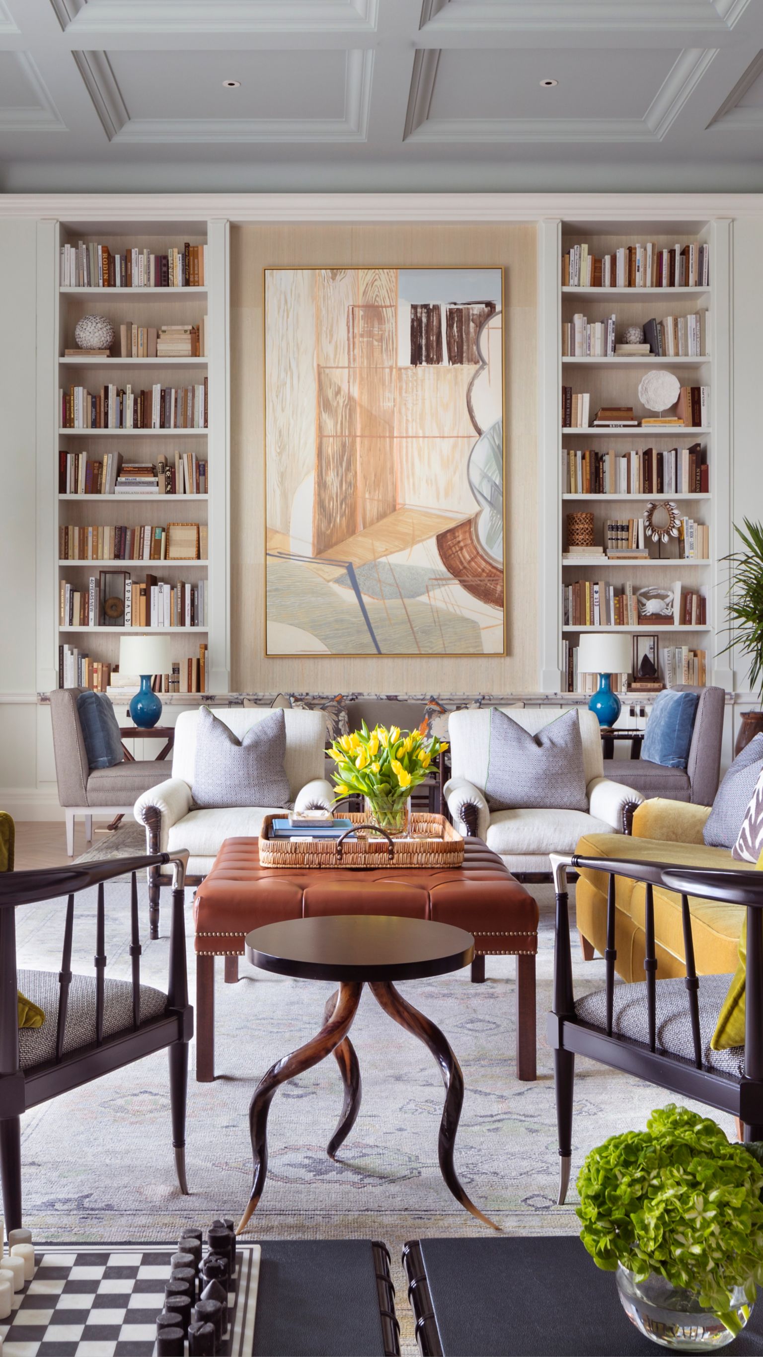 view of the library looking from the fireplace